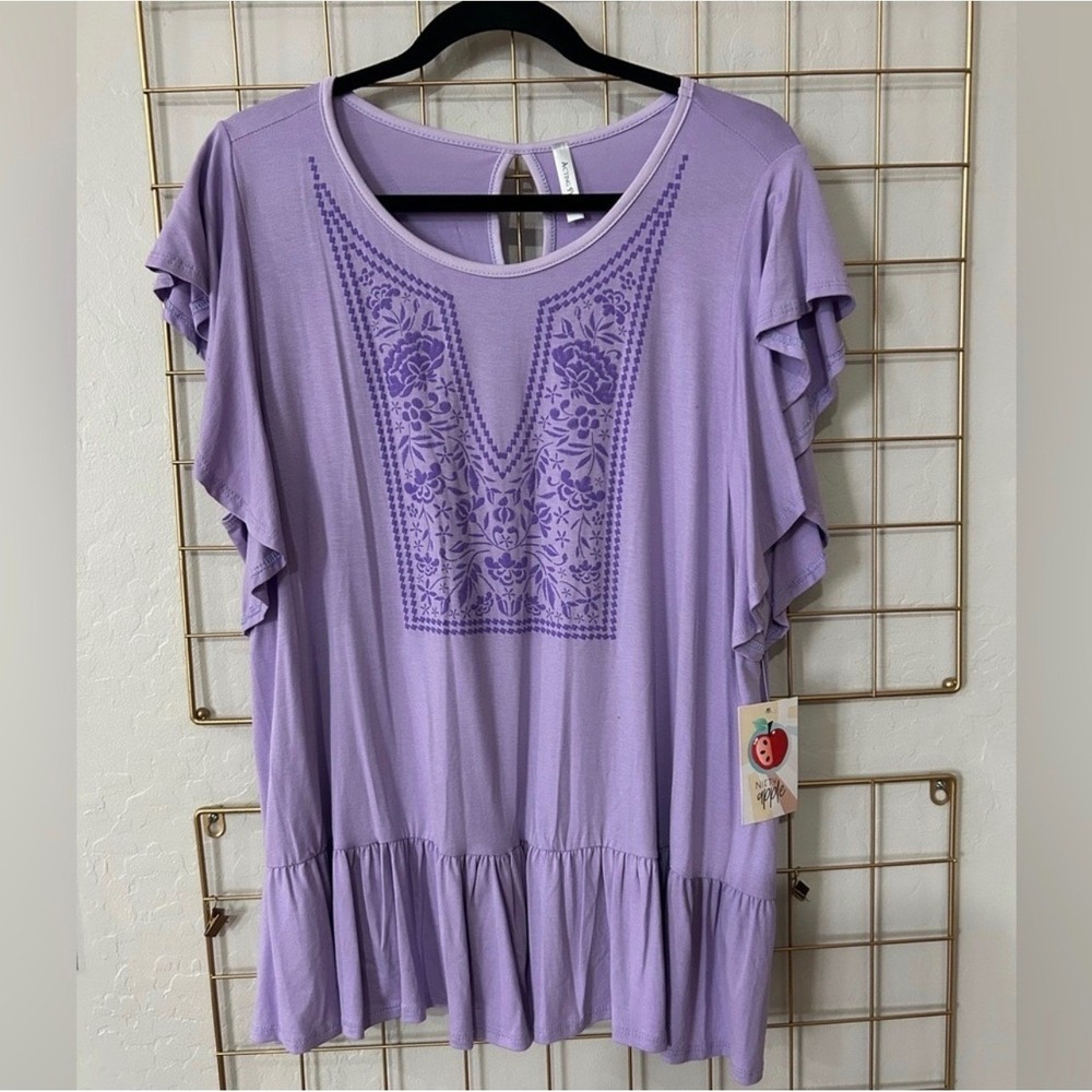 Lavender Ruffle Hem Top Womens 2X Boho Flutter Sleeve Soft Stretch Purple